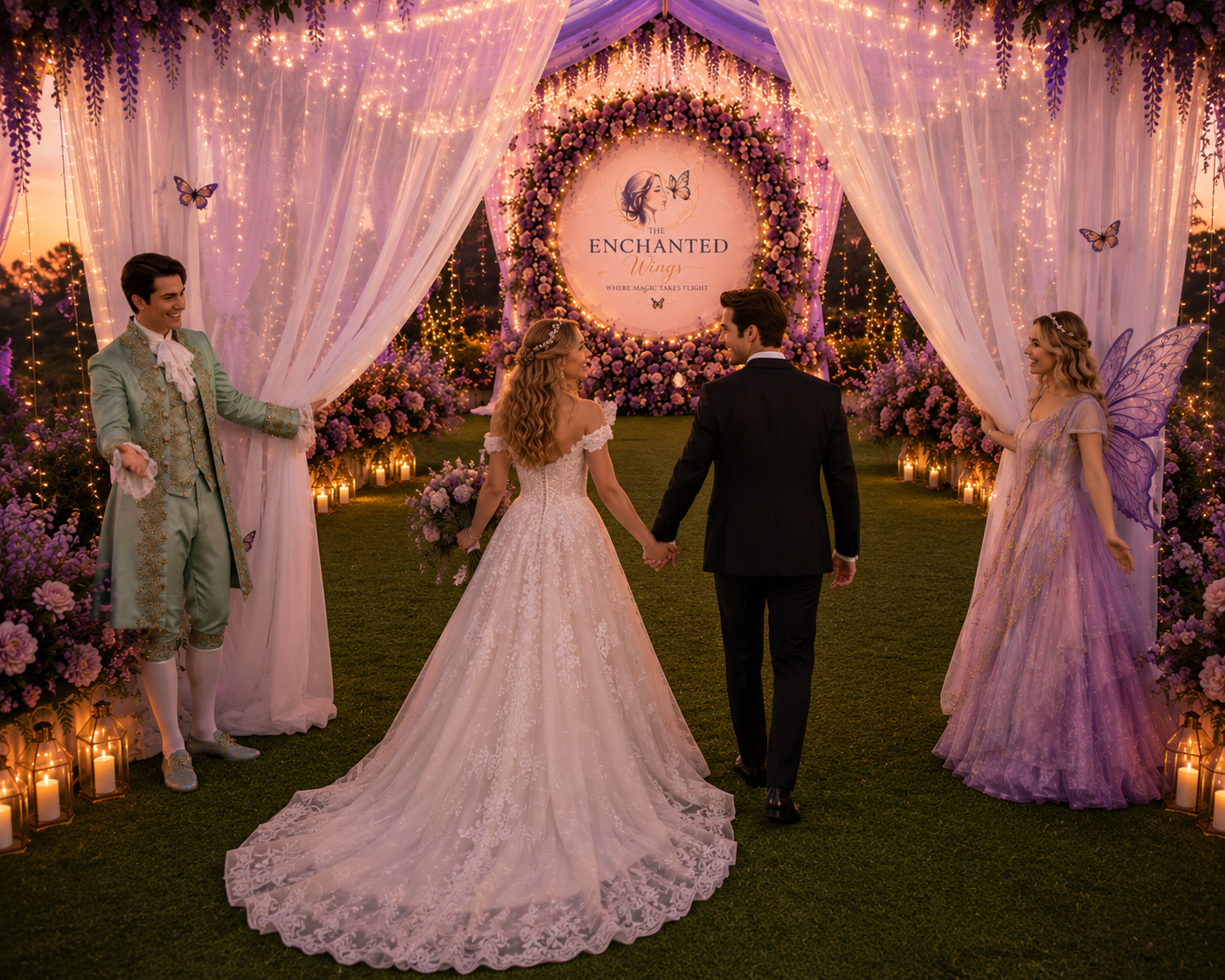 The couple entering the enchanted pavilion