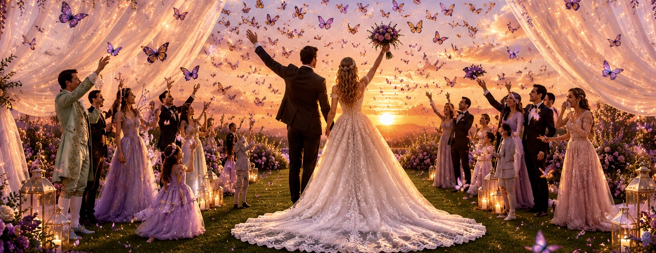 Butterflies taking flight above the couple at sunset