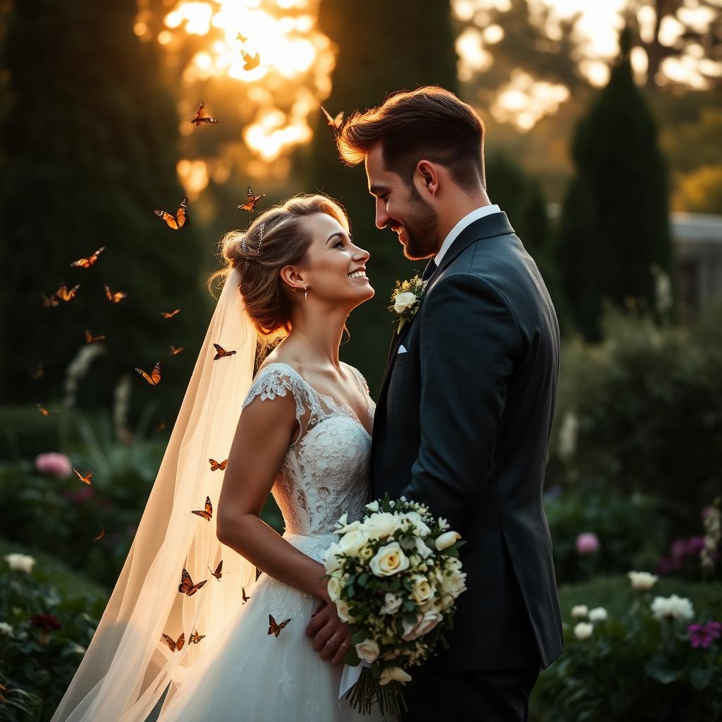 Bride and groom sharing a quiet moment with butterflies in a sunlit garden