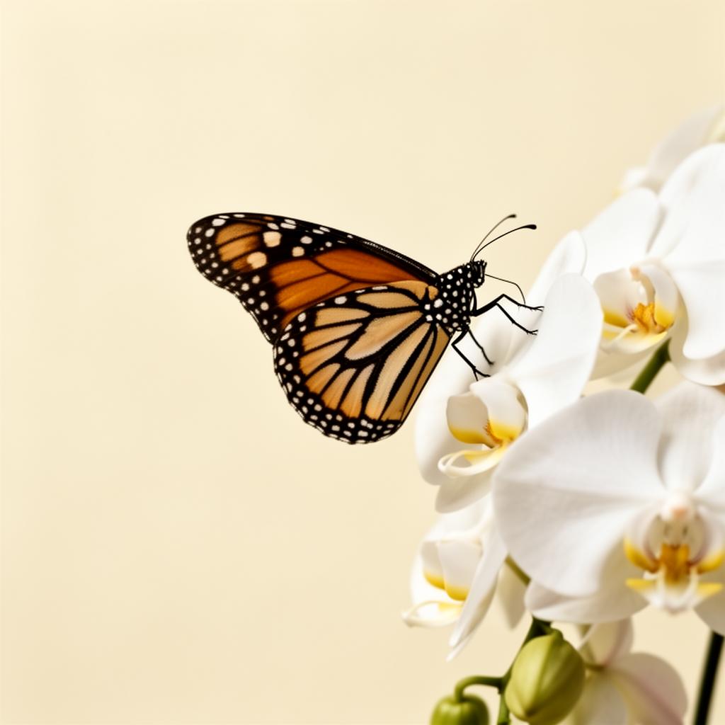 Monarch butterfly on white orchid